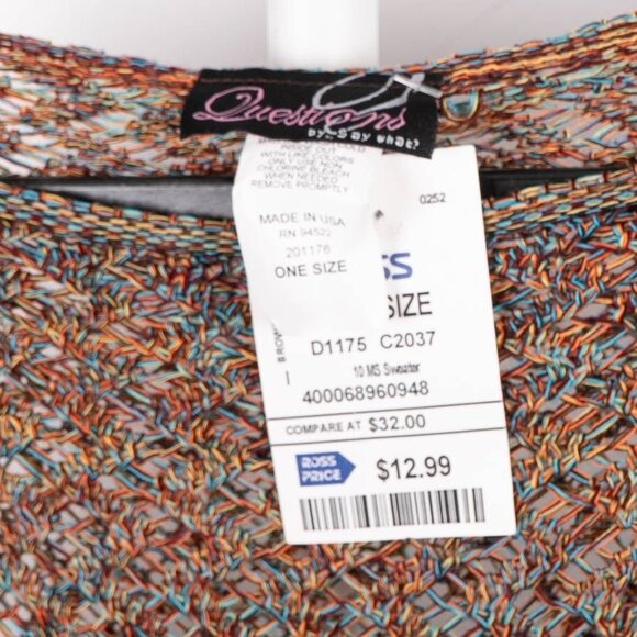 Questions Say What Poncho Sweater OS Women Multicolor Loose Knit Blue Orange NEW - Picture 4 of 5